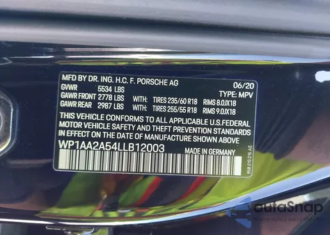 2020 Porsche Macan из США, поврежденный, VIN WP1AA2A54LLB12003